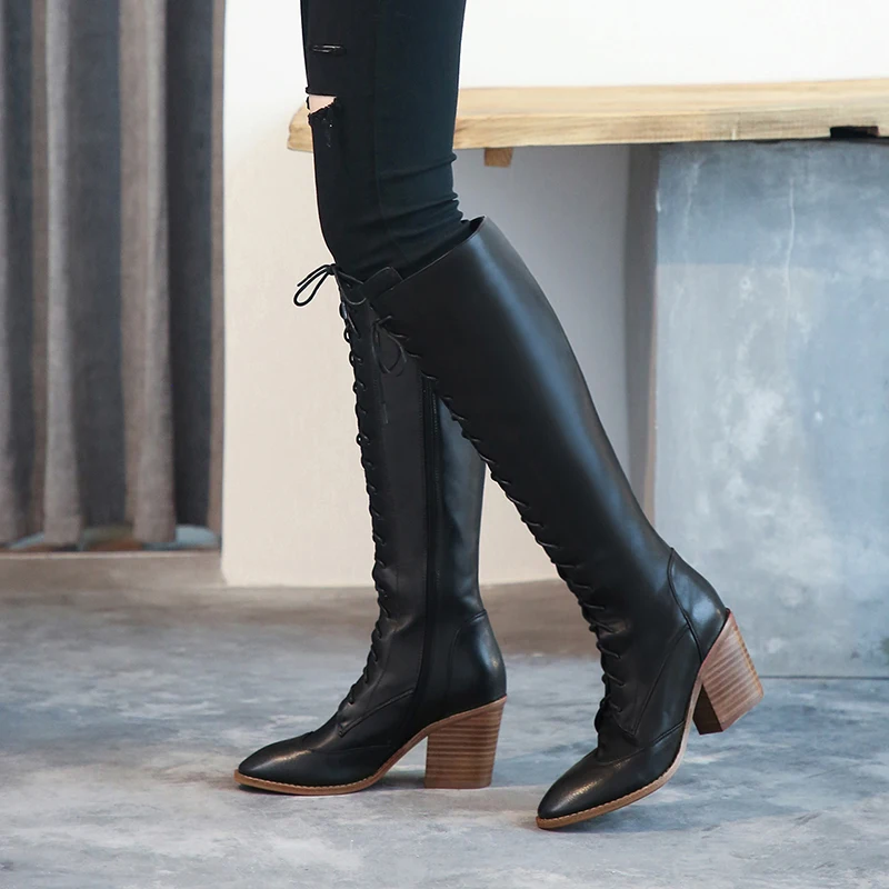

lace up Women Genuine Leather Knee High Boots Fashion Party Night Club Shoes Woman Winter Warm Long motorcycle Boots woman