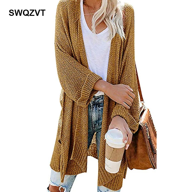 Женский вязаный кардиган повседневный свободный однотонный длинный на осень и