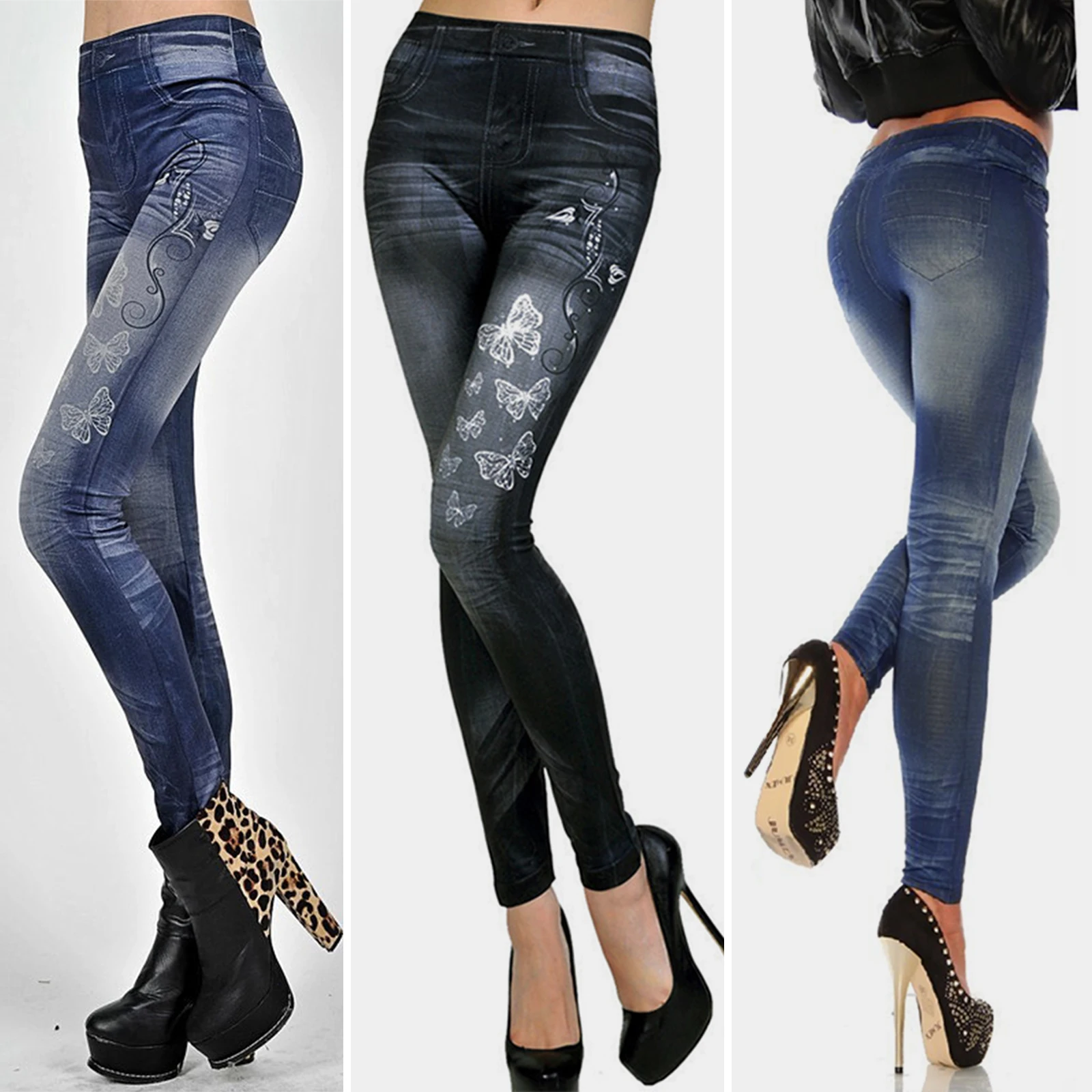 С принтом бабочки Женские облегающие леггинсы кнопки с высокой талией тонкий