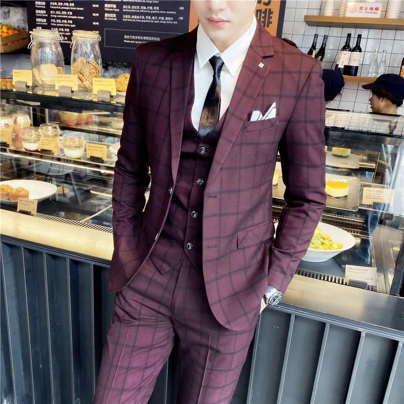 

(Jacket+Vest+Pants) Men Business Formal Slim Fit Wedding Prom Suits Male Boutique Plaid Design Groom Dress Blazers 3 Pieces Set