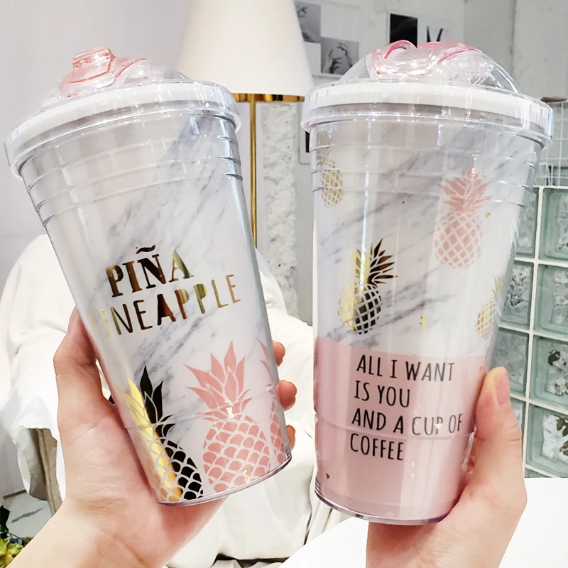 

Pink Pineapple Coffee Mugs BPA Free Plastic Water Bottle Travel Mug Portable Tea Milk Juice Cup With Straw Drinkware 420ML 1pc