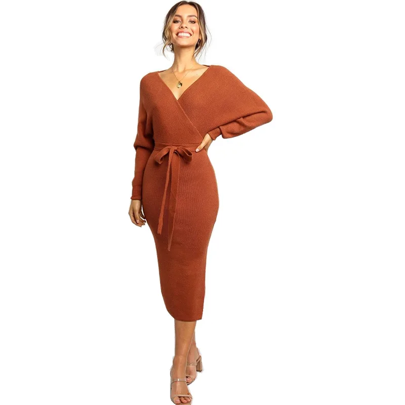 Женское трикотажное платье Mozuleva осенне зимнее свитер с v образным вырезом и