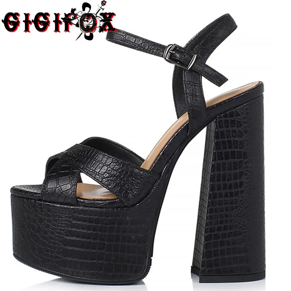 

GIGIFOX Brand New Women Sandals Top Quality Genuine Leather Shoes Sexy High Heel Platform Sandals Lady Party Prom Chunky Shoes