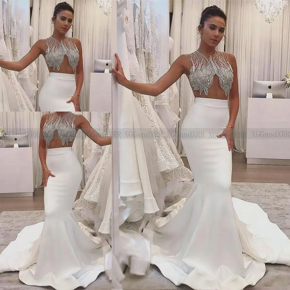 

New Arrival Mermaid Prom Dress 2020 Long Evening Dress Scoop Sleeveless Beading Sequins Court Train Sexy Illusion Desion Woman