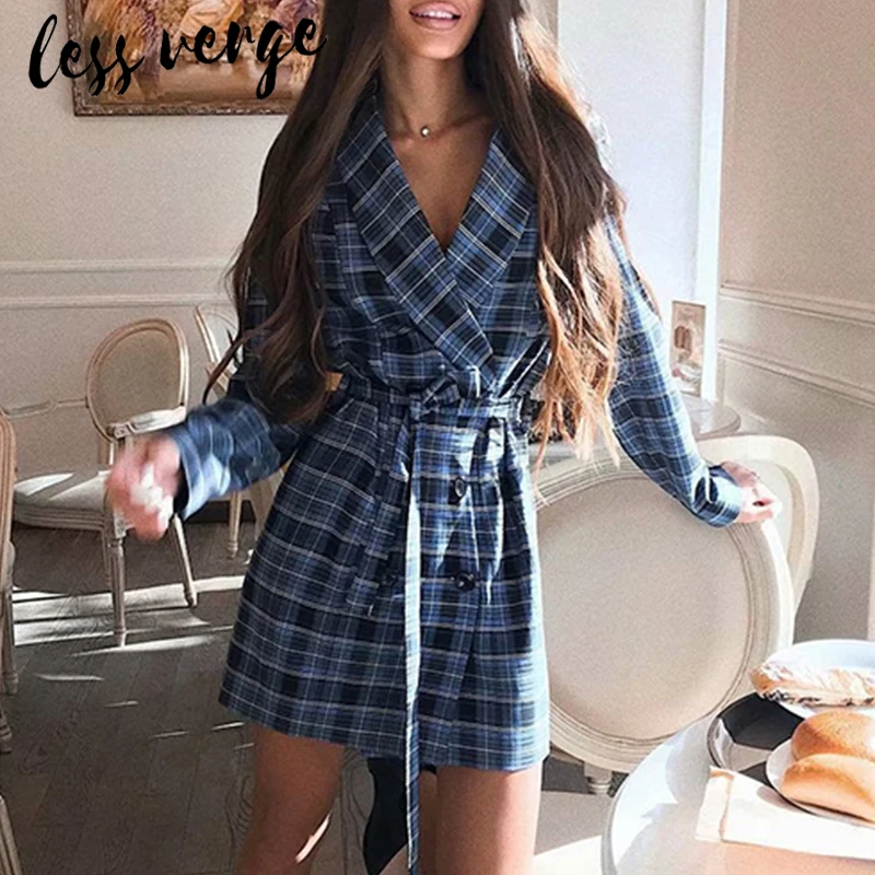 Lesverge винтажное синее клетчатое Повседневное платье блейзер vestidos офисное женское