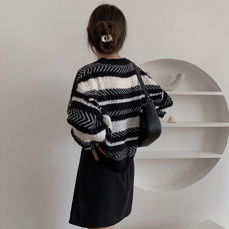 

Pullovers Women Patchwork Long Sleeve Korean Preppy Style Chic Loose Leisure Warm Cute Unisex Boyfriend Harajuku Streetwear Tops