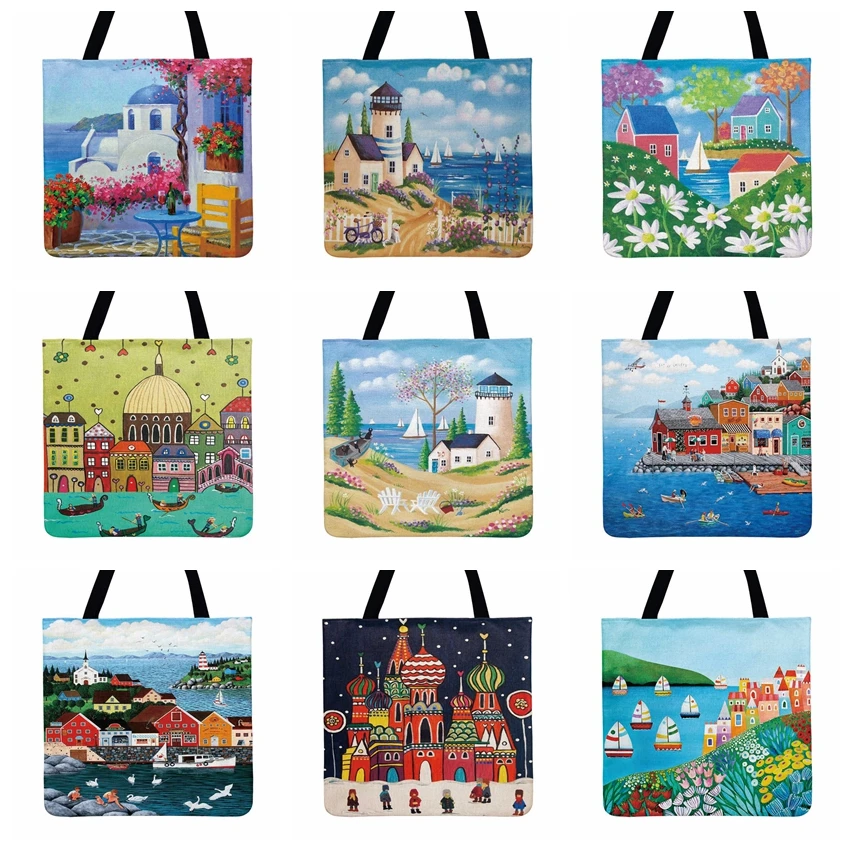 

Mediterranean Style Oil Paintig Print Tote Bag For Women Casual Tote Ladies Shoulder Bag Reusable Shopping Bag Outdoor Beach Bag