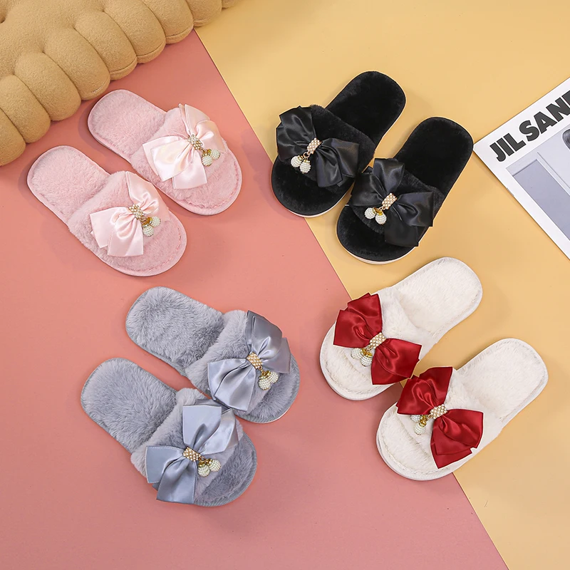 

2021Winter Faux Fur Slippers Indoor Baby Sandals Woman Flat Floor Sandalias Furry Female plush Child Sandales Elastic Band Warm