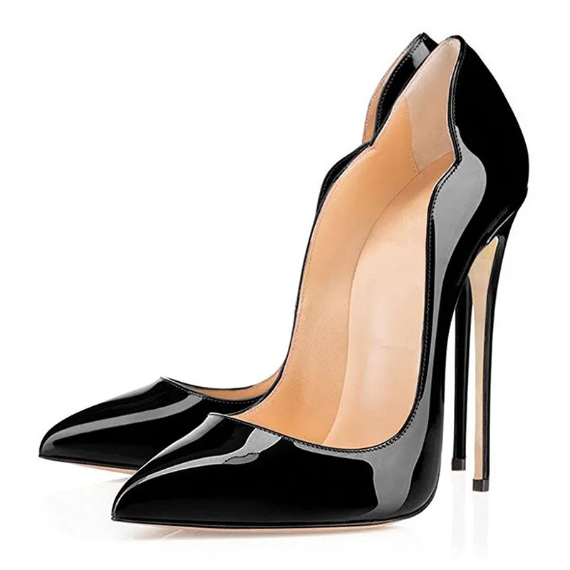 Richealnan Women's Pointed Toe Shiny patent leather12CM Thin Heels Wedding Black And Red  Stiletto Shoes