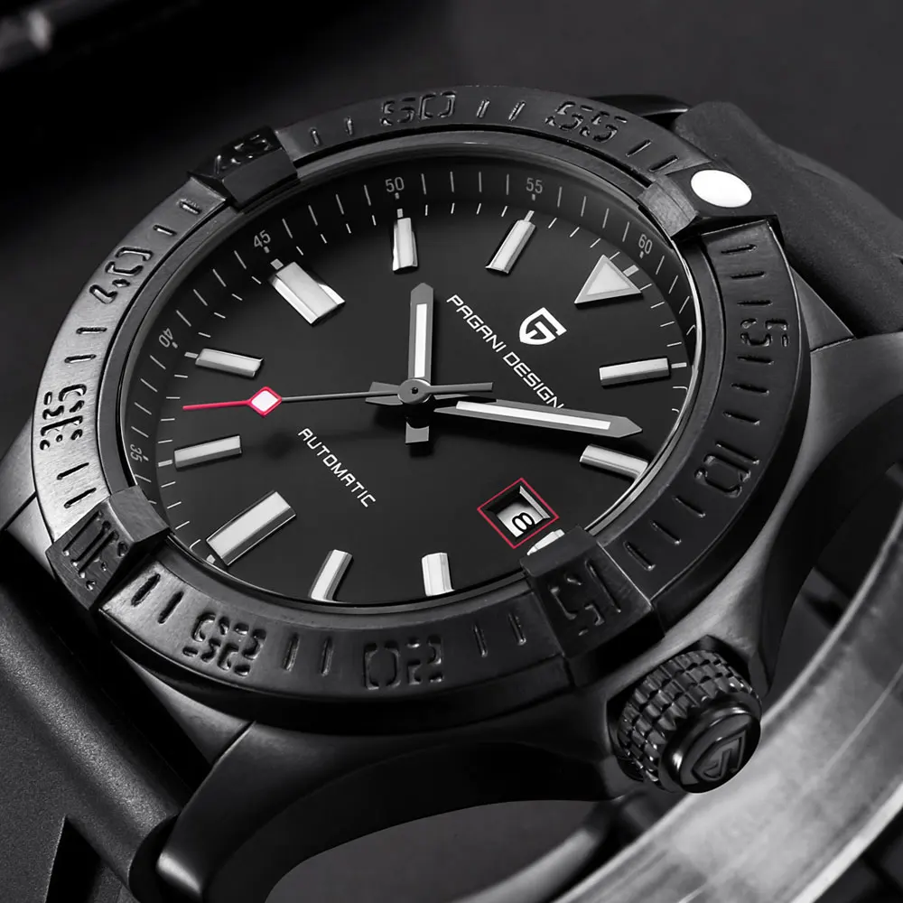 Pagani Дизайн черный циферблат Дата резиновый ремешок PVD Черный корпус из