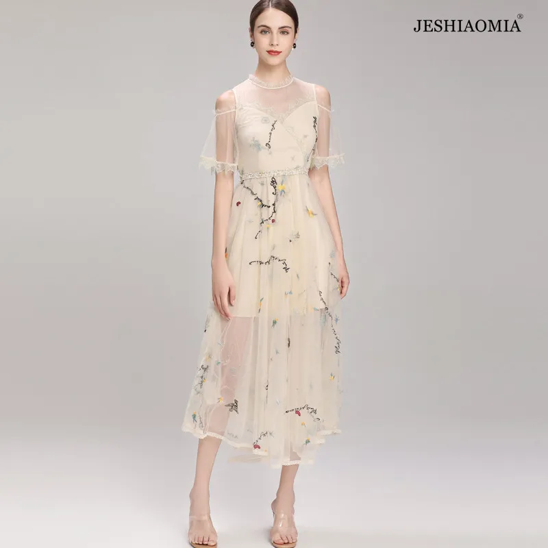 

JESHIAOMIA- 2021 Summer Cold Shoulder Embroidered Mesh Dress Holiday Dress