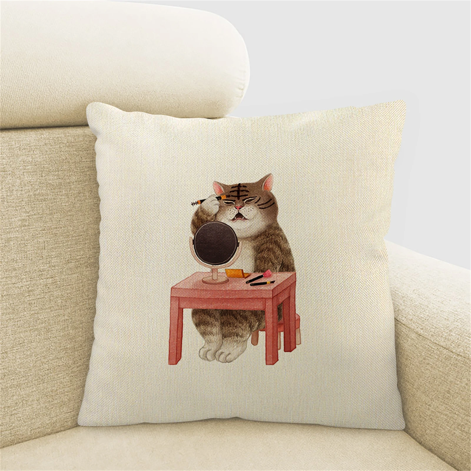 

Cute Makeup Cat Cushion Cover Linen Beige Square Pillowcase 45x45 Office Nap Car Waist Family Decor Children's Room