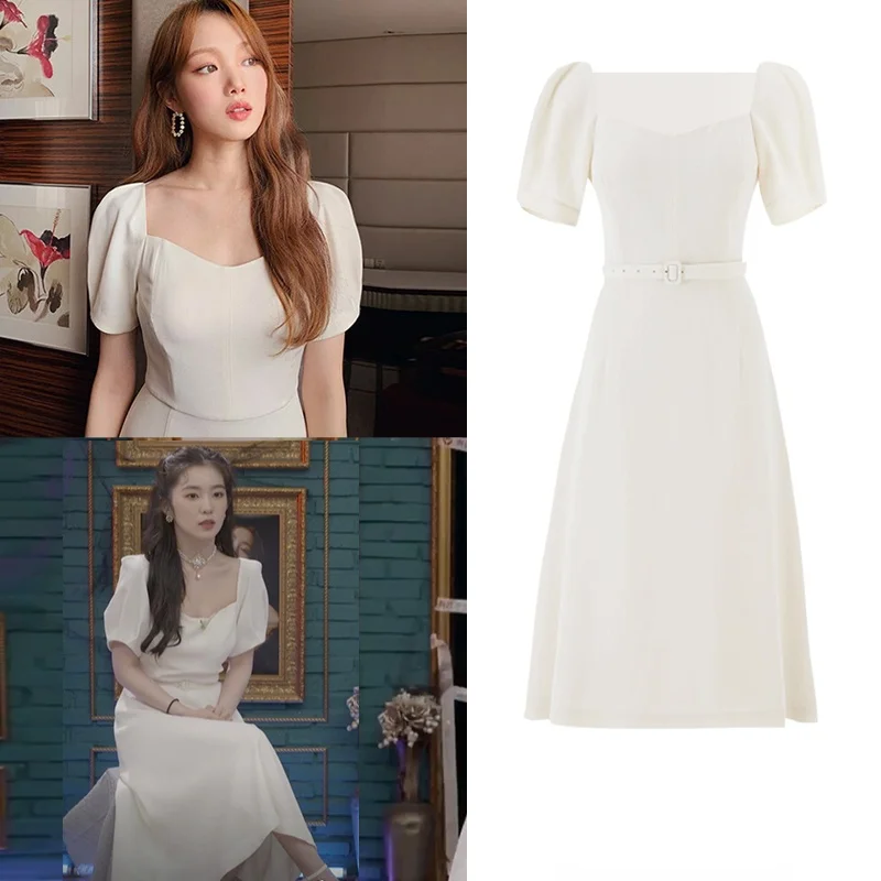 

Kpop Red Velvet White Puff Sleeve Women Dress Summer Girl Style High Waist Female Midi Dresses Lady Party Elegant Office Clothes
