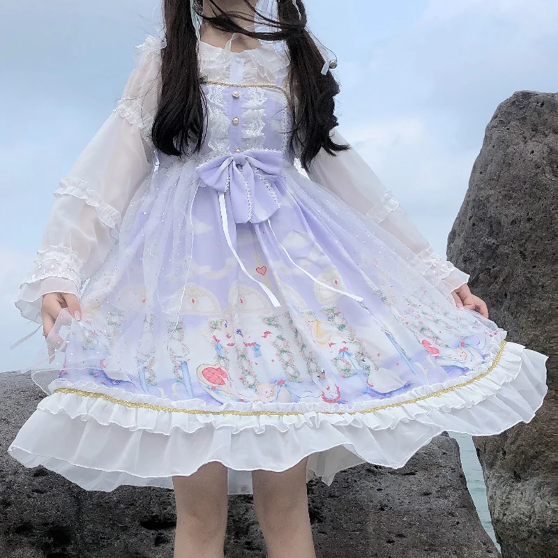 

Japanese Lolita Angel Love Printed High Waist Ruffle JSK Dress Women's fairy dress tea party lolita dress sweet lolita doll