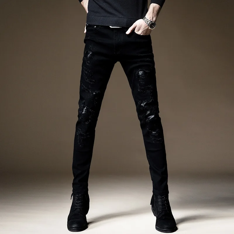 Black Ripped Hole Patch Jeans Men Fashion Slim Fit Pencil Pants Korean Style Casual Stretch Denim Trousers