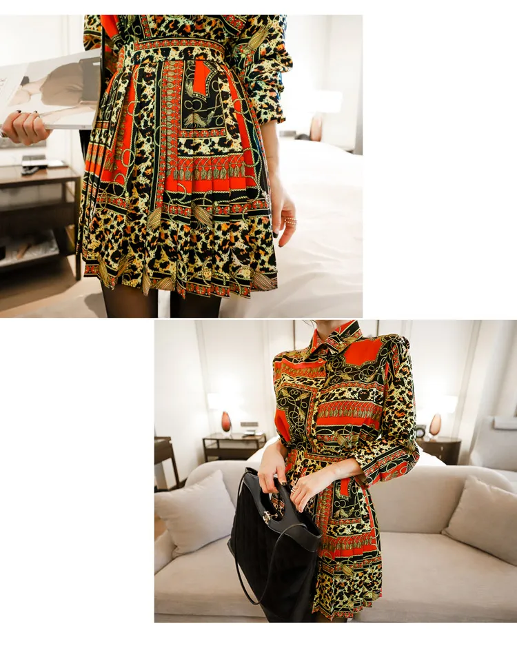 

Korean Printed 2 Piece Skirt Suits Set Women Long Sleeve Shirt + Mini Pleated Skirt Suits Vintage Fashion Office Ladies Set 2020