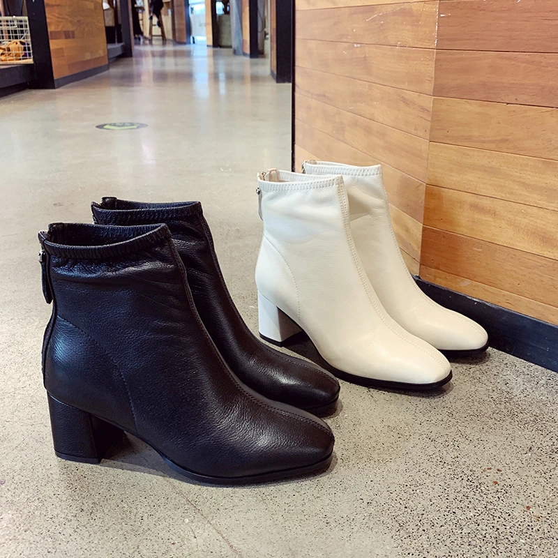 2019 г. Осенние бежевые черные кожаные ботинки женские модные пикантные ботильоны