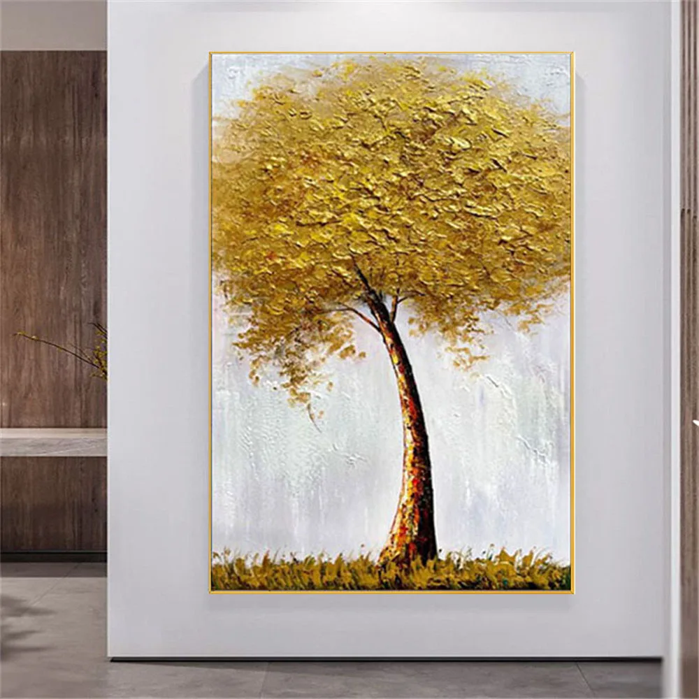 

Hand-Painted Oil Painting Abstract Plant Golden Tree Vertical Panel Picture Canvas Paintings Decor Home Living Room Porch Mural