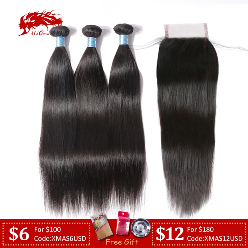 Ali queen hair M 7A перуанские девственные прямые волосы 3 пряди с закрытием свободная часть предварительно выщипанная кружевная застежка натуральный цвет