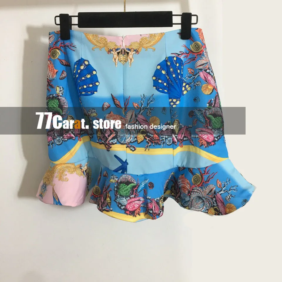 

2021 runway woman fashion two piece long sleeve turn-down tops +mini ruffles skirt starfish logoed print high end dress sets 2pc