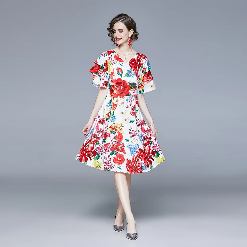 

Cascading Ruffle V-Neck Printed Dress Spring and Autumn New Fashion V-neck Multi-Layers Half Sleeve High Waisted A-line Dress