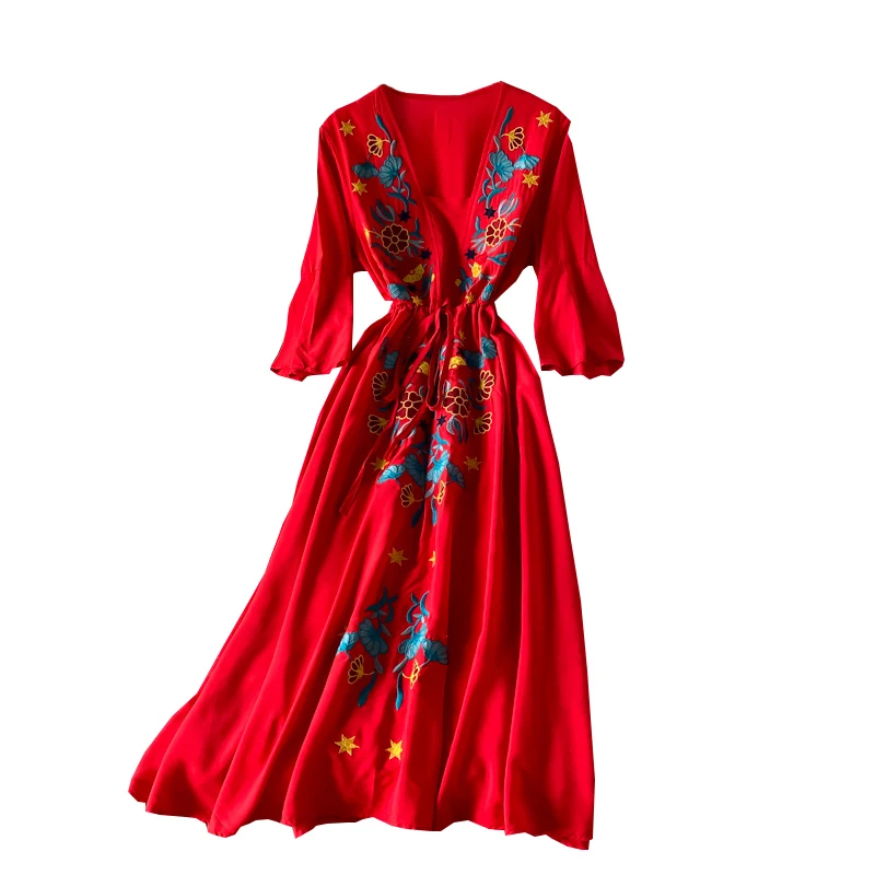 

New Summer Women Sexy V-Neck Speaker Sleeve Drawstring Slim Long Dress High Quality Ethnic Style Embroidery Vintage Dress