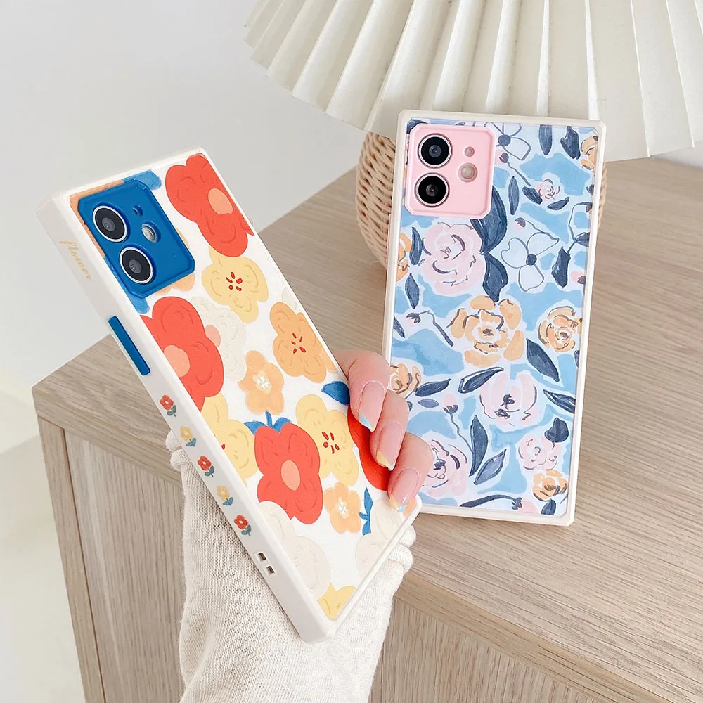 

EKONEDA Square Flower Case For iPhone 11 12 Pro XS Max X XR 8 7 Plus Silicone Cases Oil Paint Floral Protective TPU Back Cover