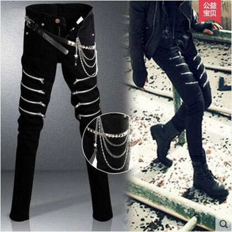 Мужские джинсовые брюки в стиле панк с заклепками и цепочкой Длинные облегающие