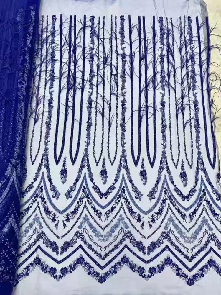 

Роскошный синий ручной работы из бисера + перо вышивка ткань кружевное вечернее платье, свадебный дизайн нигерийская кружевная ткань для ве...