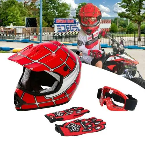 Motorcycle DOT Youth Kids Cycling Helmet Red Spider Net Motocross Off-Road Sports Safety Goggles+Gloves Equipment | Автомобили и