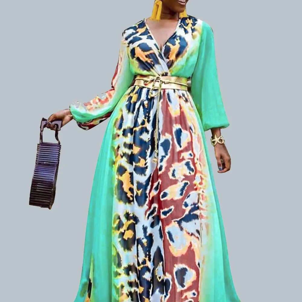 

Spring Summer 2021 New V-neck Long Sleeve Belt Fashion Leopard Printing Splicing Africa Oversize Draw Back Women's Dress