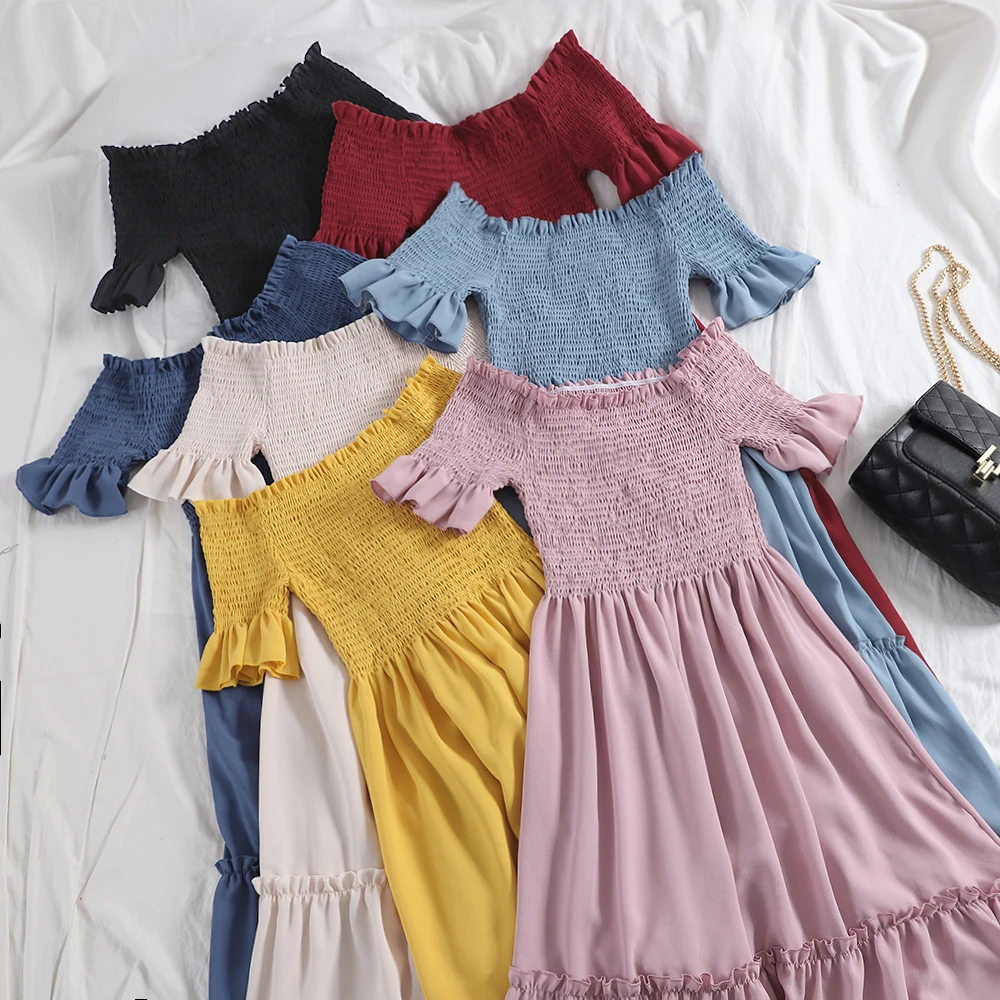 SINGRAIN женское сексуальное шифоновый с открытыми плечами платье Бохо летнее