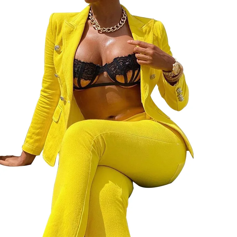 

Sexy Slim Blazer Coat Solid Long Sleeve Two Piece Suits Women 21 New Spring Autumn Pink Yellow Fashion Clothes Feminina CX1572