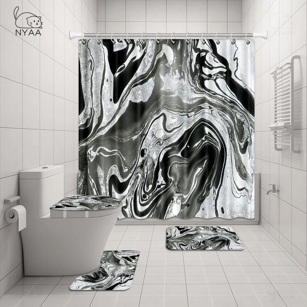 Offerte Marmo Tenda Della Doccia Set Con Non-slip Da Bagno Tappetini, Coperchio Coperchio Wc, Bagno Zerbino, Durevole Impermeabile Tenda Della Vasca Da Bagno Per Vasca Da Bagno