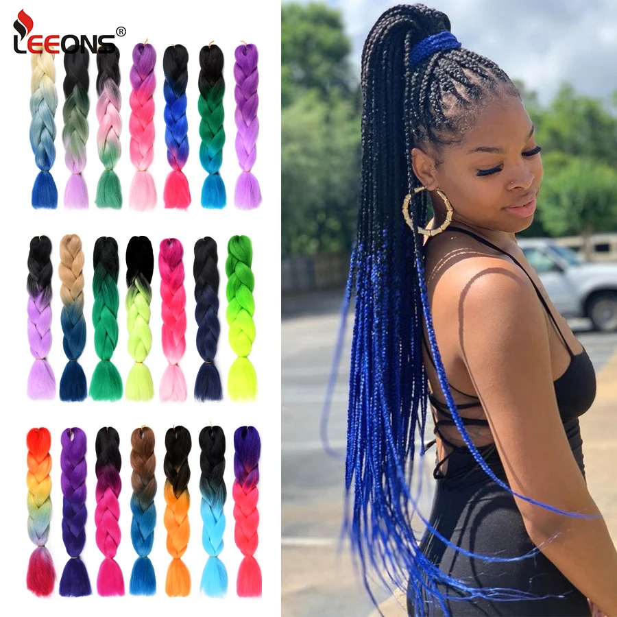 Leeons Wholesale Jumbo Hair Extensions Ombre Crochet Braids 24Inch Blue Pink Grey African American Synthetic Hair Extensions100G