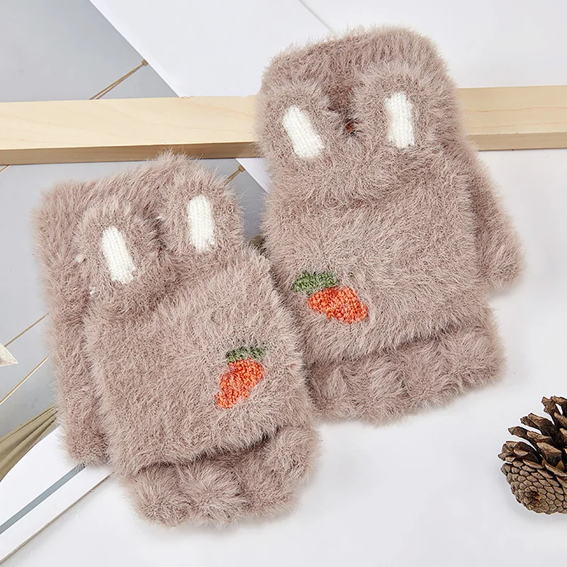 

Cute Rabbit Ears Plush Gloves For Women Girls Flipped Half Finger Fingerless Gloves Outdoor Thick Warm Winter Furry Gloves