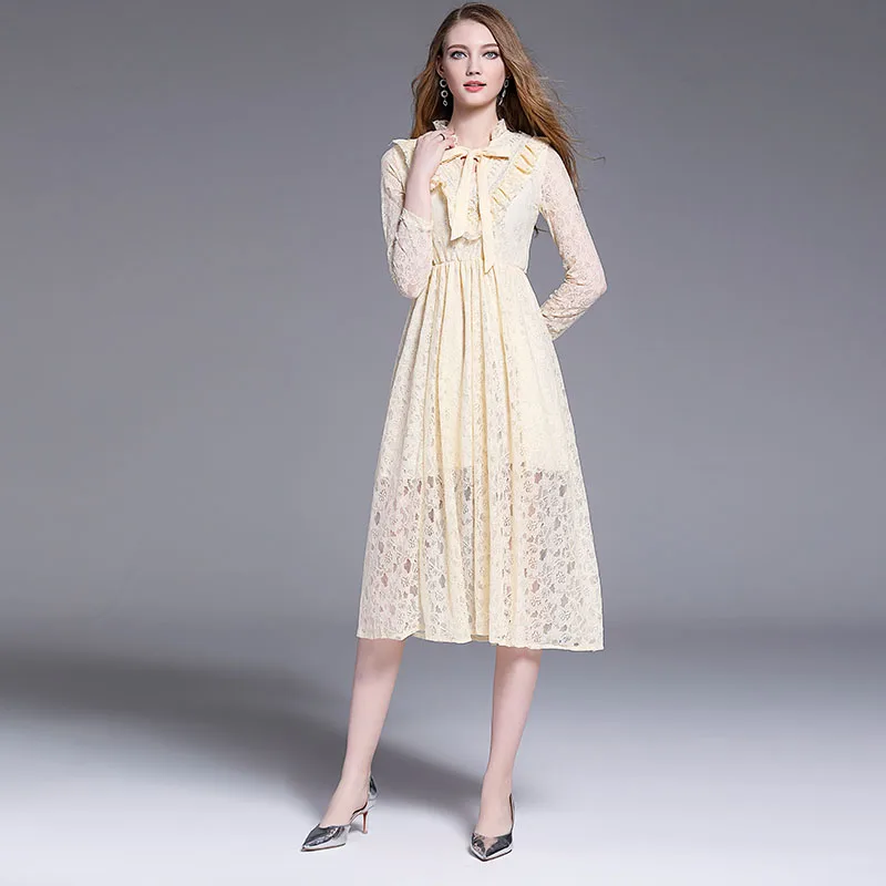 Новинка 2019 весеннее винтажное женское платье кружевное с высокой талией