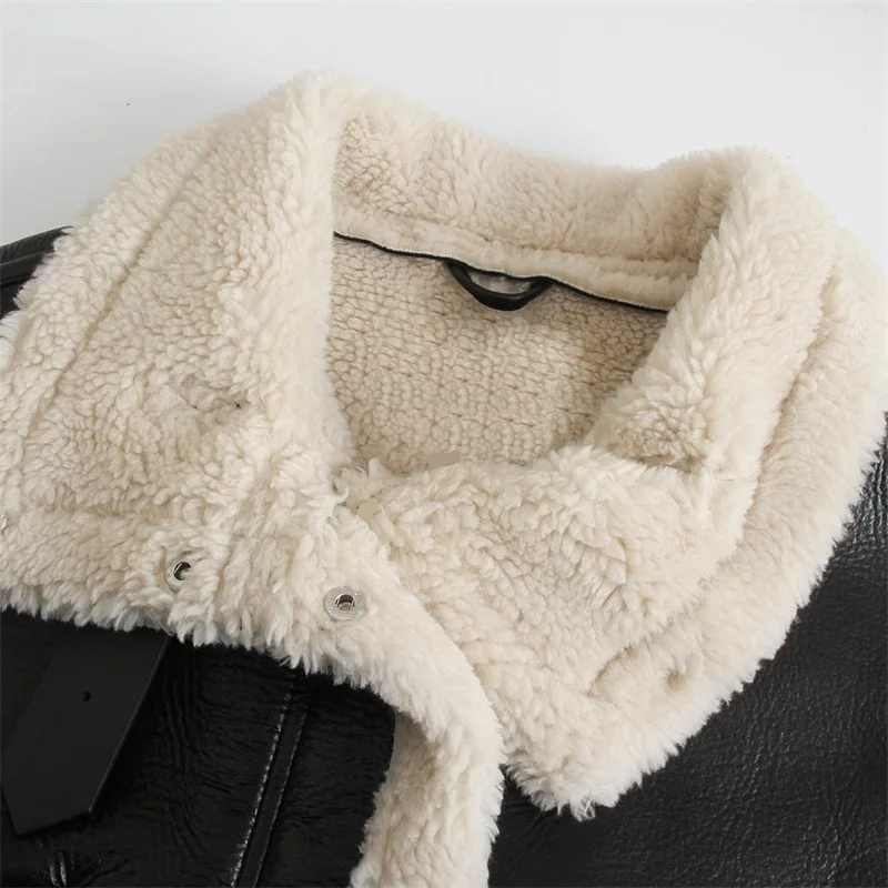 ZXQJ Women Fashion Thick Warm Winter Faux Leather Jacket Coat Vintage Long Sleeve Female Outerwear Chic Tops