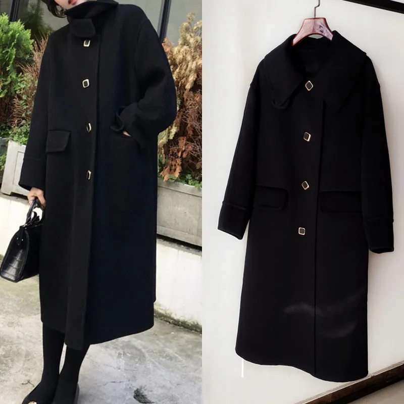 Винтажное шерстяное пальто в стиле Хепберн Осеннее и зимнее новое черное