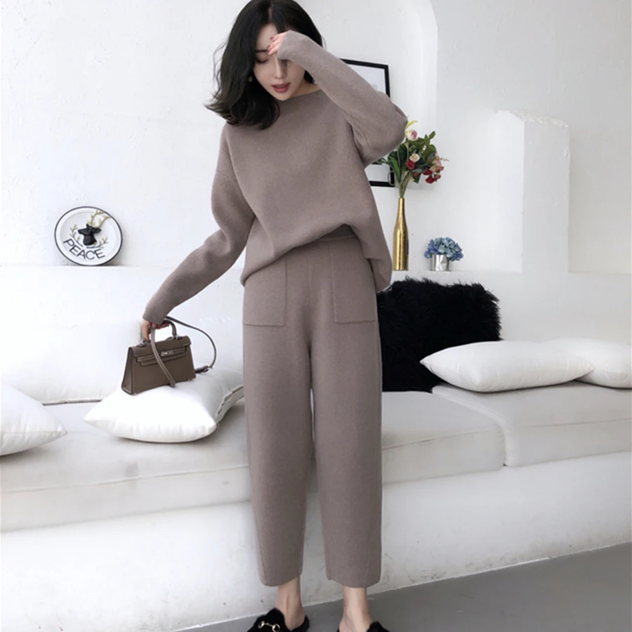Coffee Autumn Winter Knitted Set Women Thick Warm O-Neck Loose Knit Suit Slim Pocket Harem Pants Oversized Casual Elegant Black Clothes - Цвет: Coffee