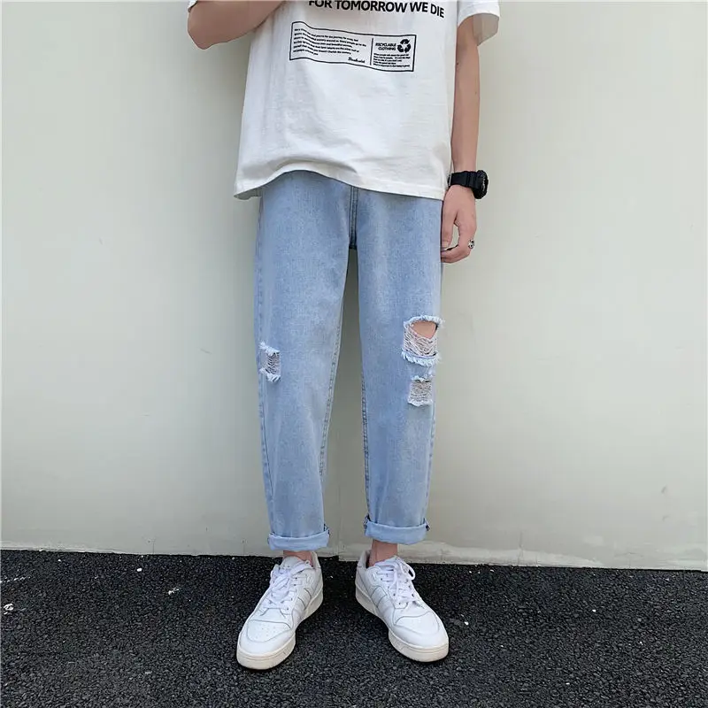 

2020 Spring And Summer New Youth Popular Men's Korean Version Of Chic Simple Solid Color Jeans Fashion Casual Cropped Pants