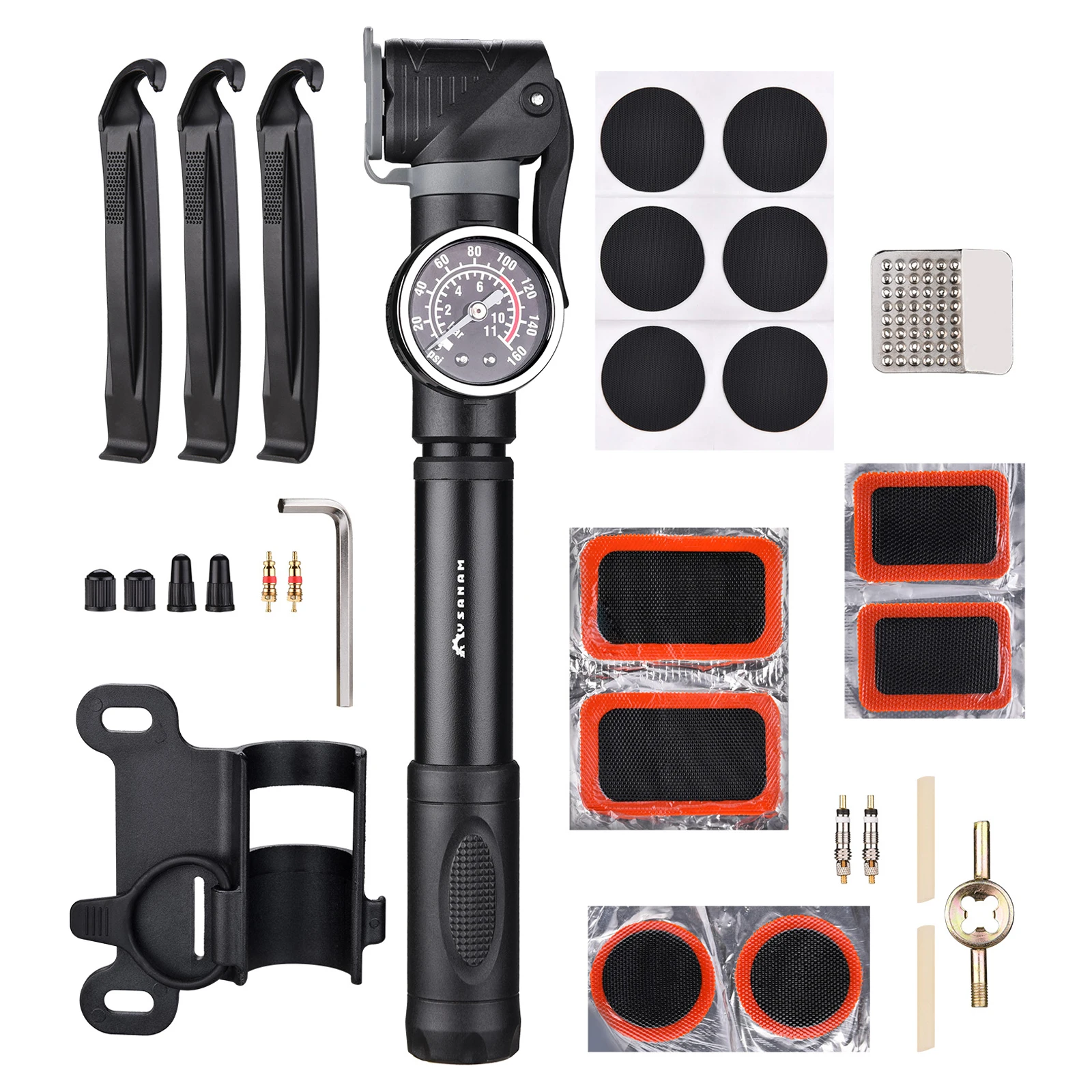Велосипедный воздушный насос с манометром комплект для ремонта шин и клапанов