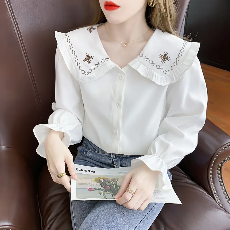 

Chiffon Women's Blouse Casual Polo Girl's Shirt Fashion Top Spring Autumn New Solid Clothing Loose Lady Blusas Houthion