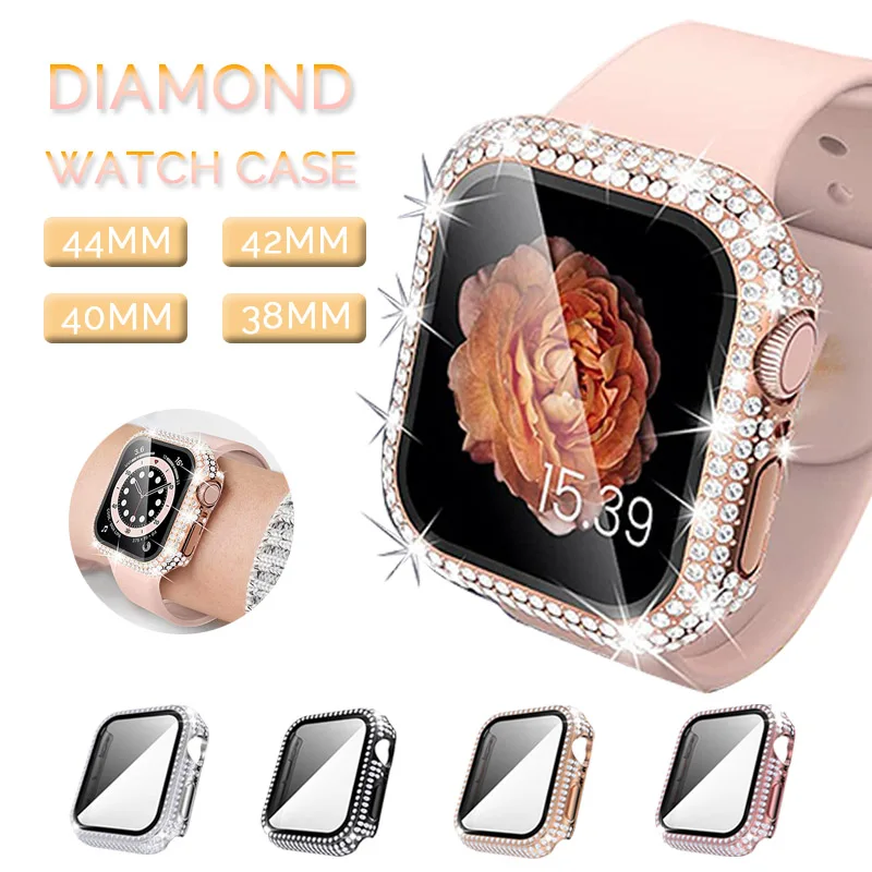 

Newest Clear Band + Case for Apple Watch Series 6 SE 5 4 38mm40mm Diamond 42mm44mm bumper+Screen Protector for iWatch Accessorie
