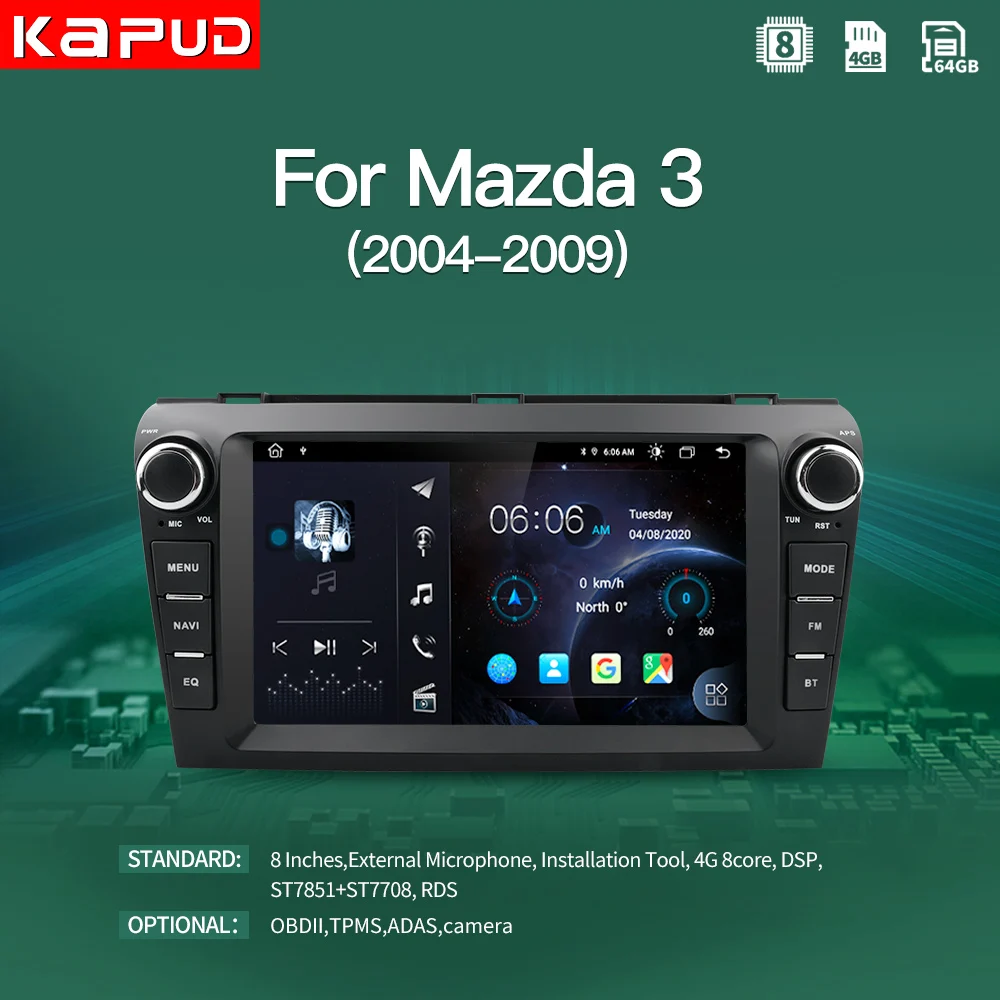 

Автомагнитола Kapud, 8 дюймов, Android 10,0, для Mazda 3, 2004, 2005, 2006, 2007, 2008, 2009, BT, 4G, мультимедиа, GPS, 2Din, без DVD