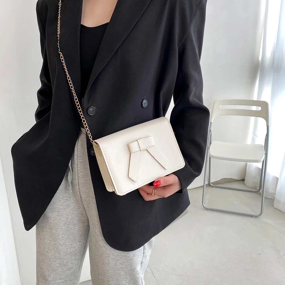 

Vintage Women PU Leather Pure Color Bowknot Chain Shoulder Crossbody Messenger Bag Casual Ladies Mini Square Purse