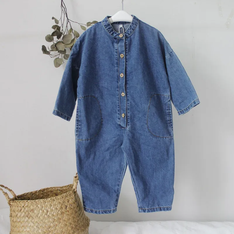 

New 2019 Autumn Unisex Children Denim Jumpsuits Korean Style Chic Baby Boys Girls Overalls Soft Loose Trousers Kids Clothes G034