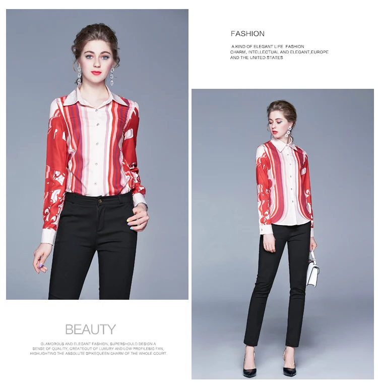 

Women's Blouse Silk Polo Shirt Fashion Casual Print Top Long Sleeve Chiffon Blusas Office Lady Summer Clothing Houthion