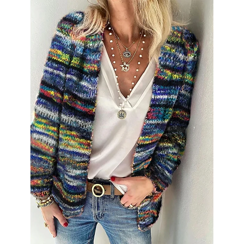 

2020 Autumn Winter Women Cardigan Warm Long Sleeve Casual Striped Outerwear Women's Cadigan Multicolor Open Front Knit Sweaters