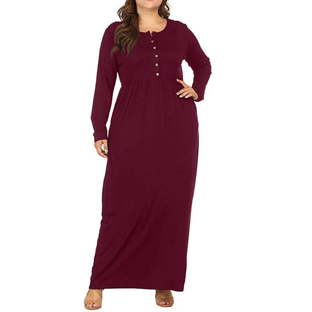 Женское осеннее хлопковое платье в пол с длинным рукавом однотонное пуговицами